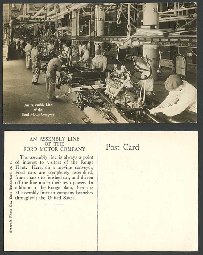 Assembly Line of Ford Motor Company Rouge Plant Car Cars Old Real Photo Postcard