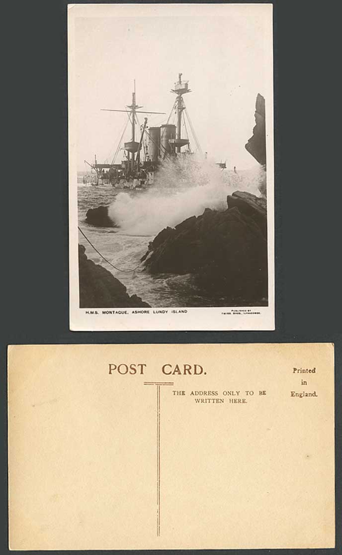 H.M.S. Montage Warship Ashore LUNDY ISLAND Devon Military Vessel Old RP Postcard
