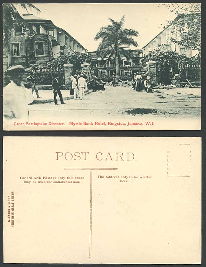 Jamaica Great Earthquake Ruins 1907 Old Postcard MYRTLE BANK HOTEL Kingston Palm