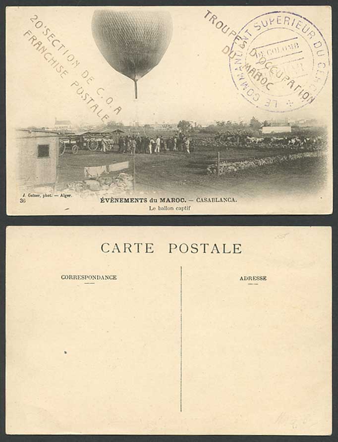 Ballon Captif Morocco Casablanca, Occupation Troops Old Postcard Captive Balloon