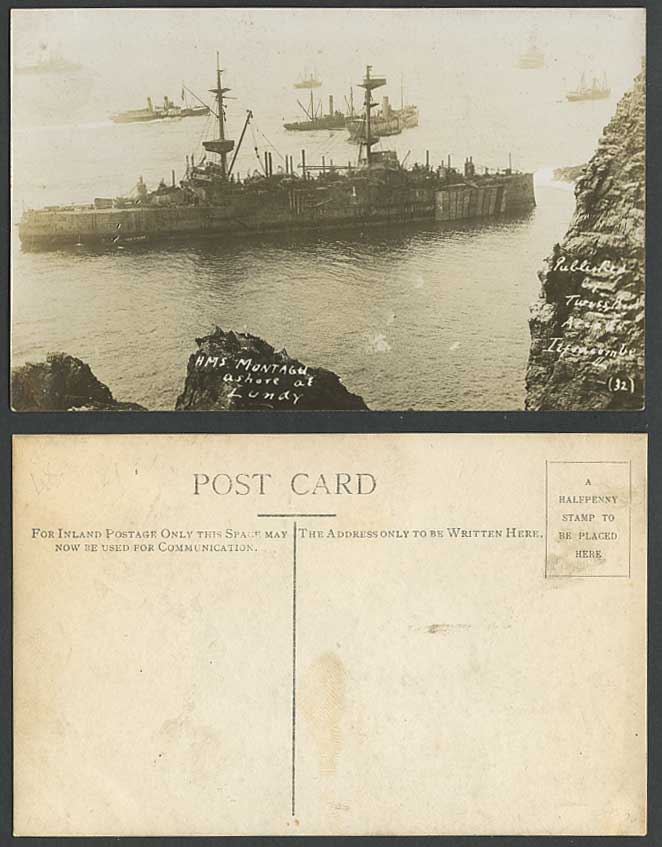 H.M.S Montage ashore at LUNDY ISLAND Devon Old Real Photo Postcard Warship Boats