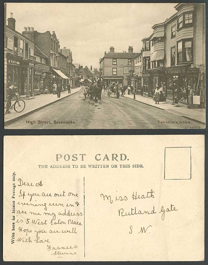Sevenoaks High Street Scene, Library, Bicycle Horses Printers Shops Old Postcard