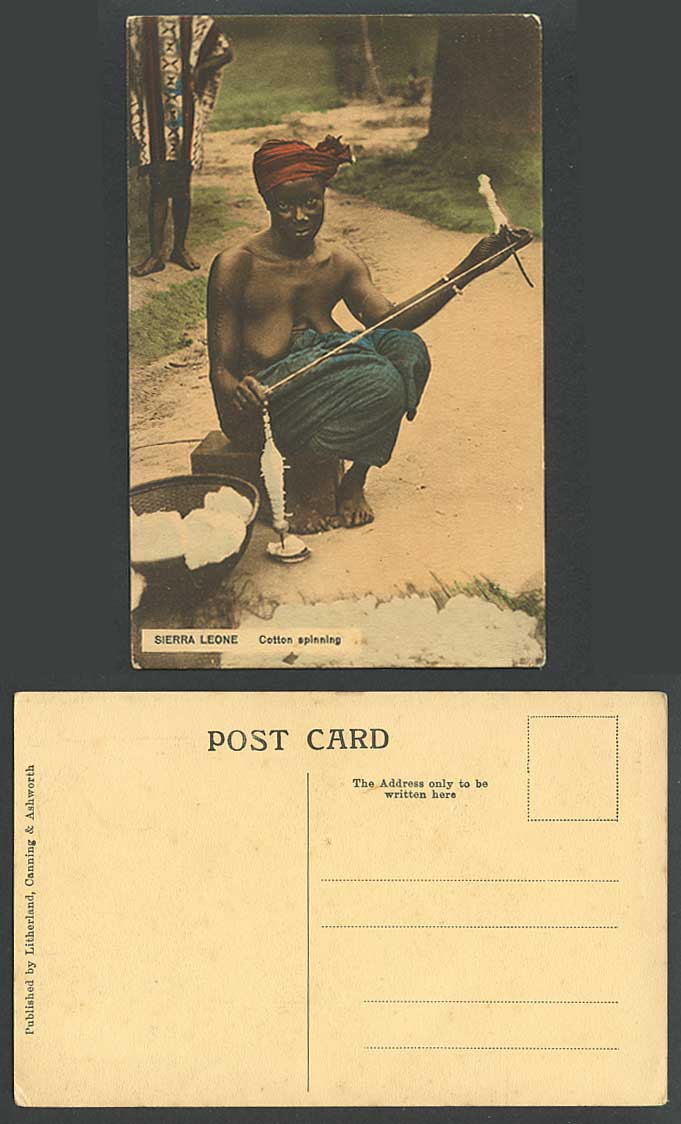 Sierra Leone Old Hand Tinted Postcard Cotton Spinning, Native Woman, Ethnic Life