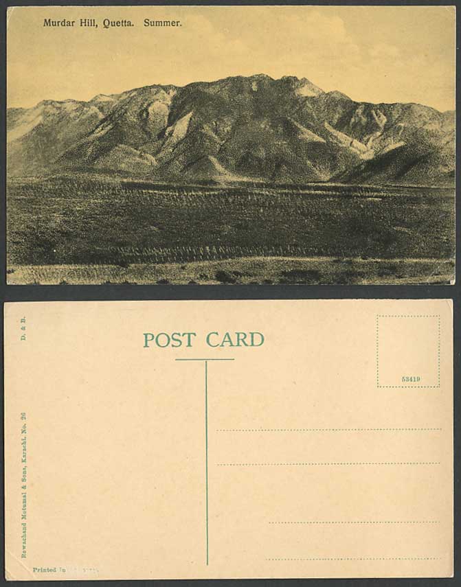 Pakistan Old Postcard Murdar Hill QUETTA in Summer Mountains Hills British India