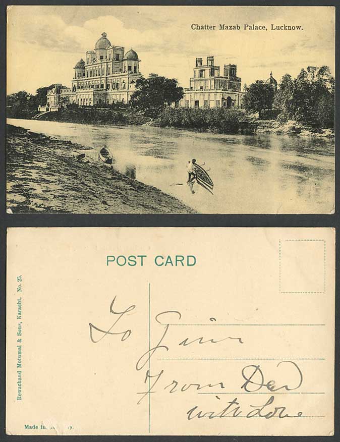 India c.1910 Old Postcard CHATTER MAZAB PALACE LUCKNOW Boats Canoes River Scene