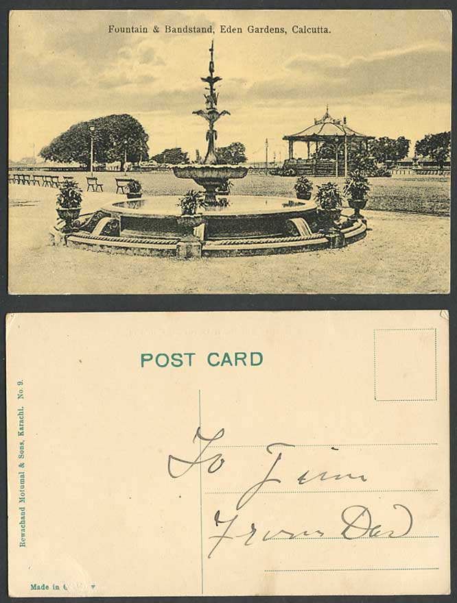 India Old Postcard Calcutta EDEN GARDENS Fountain Bandstand Band Stand Garden 9.