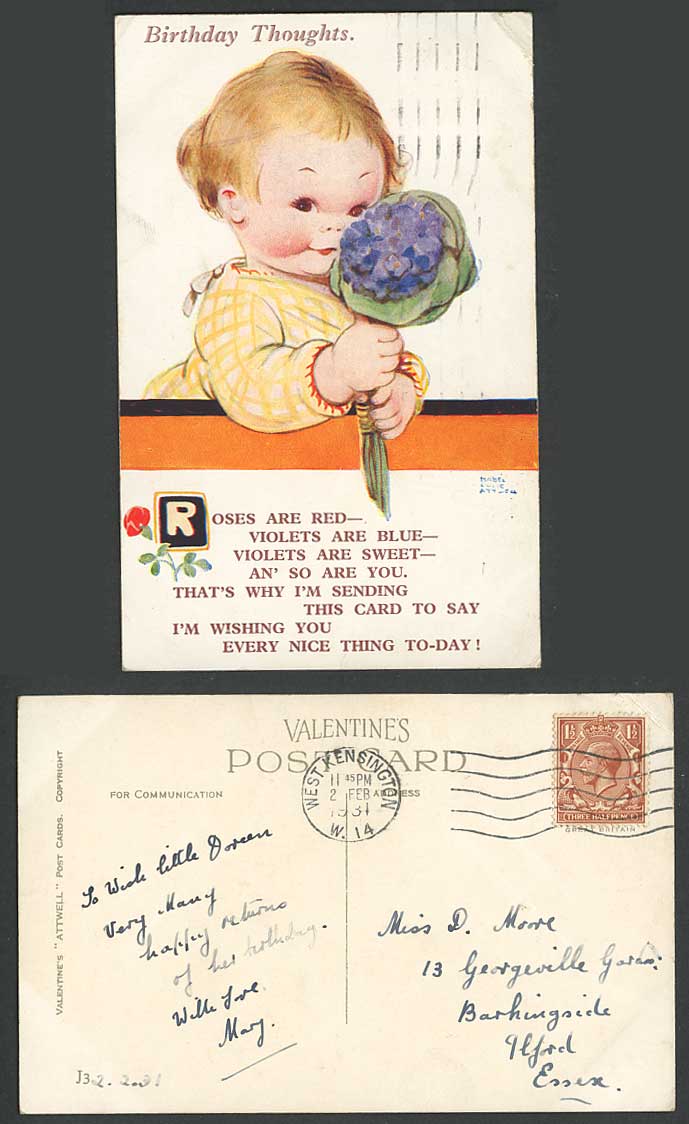 MABEL LUCIE ATTWELL 1931 Old Postcard Birthday Thoughts, Rose Red Violet Blue J3