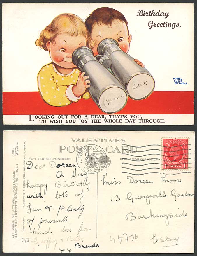 MABEL LUCIE ATTWELL 1936 Old Postcard Binoculars, Looking out for a dear You C/6