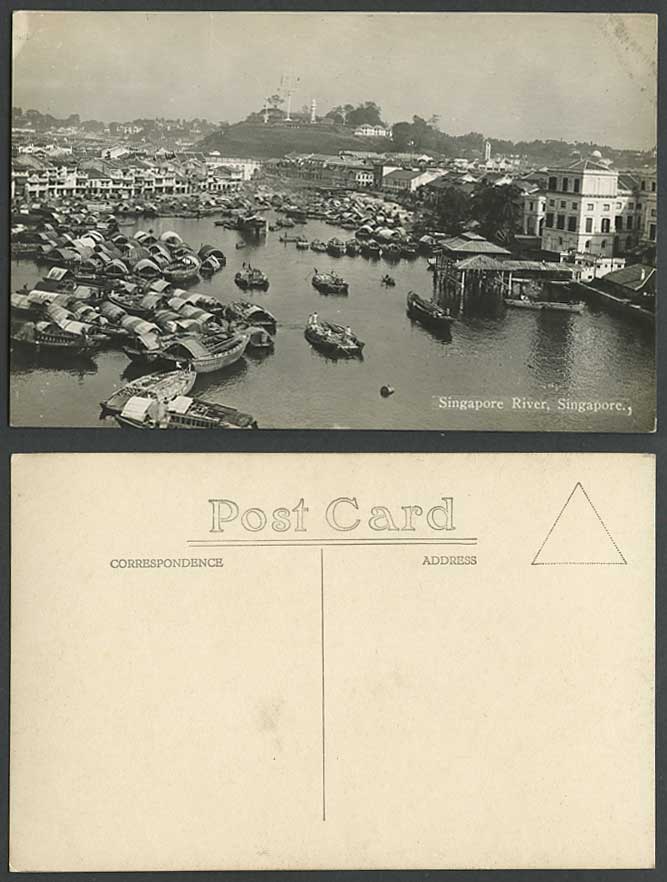 Singapore River Scene, Sampans Boats Harbour, Lighthouse Old Real Photo Postcard