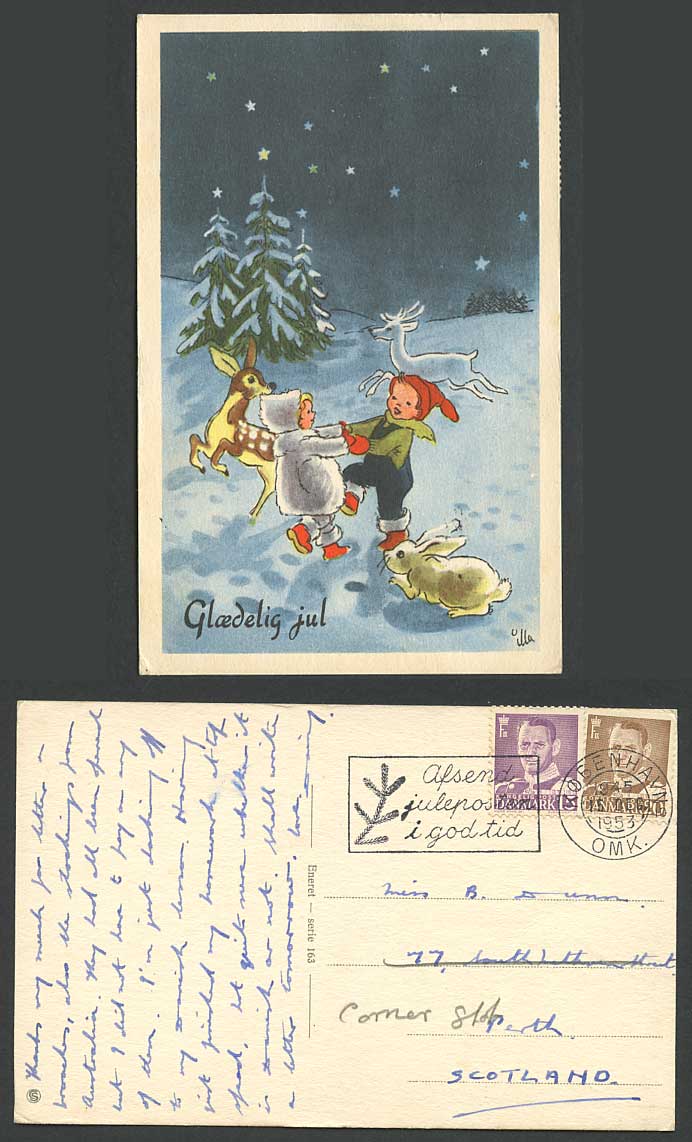 Rabbit Bunny Deer Reindeer Star Glaedelig jul Joyful Christmas 1953 Old Postcard