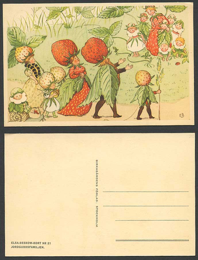 EB Fairy Fairies Elf Elves Strawberries Strawberry Baby Snail Cart  Old Postcard