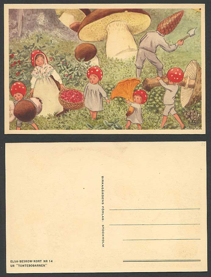 EB Fairy Fairies Elf Elves Carry Berries Oyster Mushroom Girls Boys Old Postcard