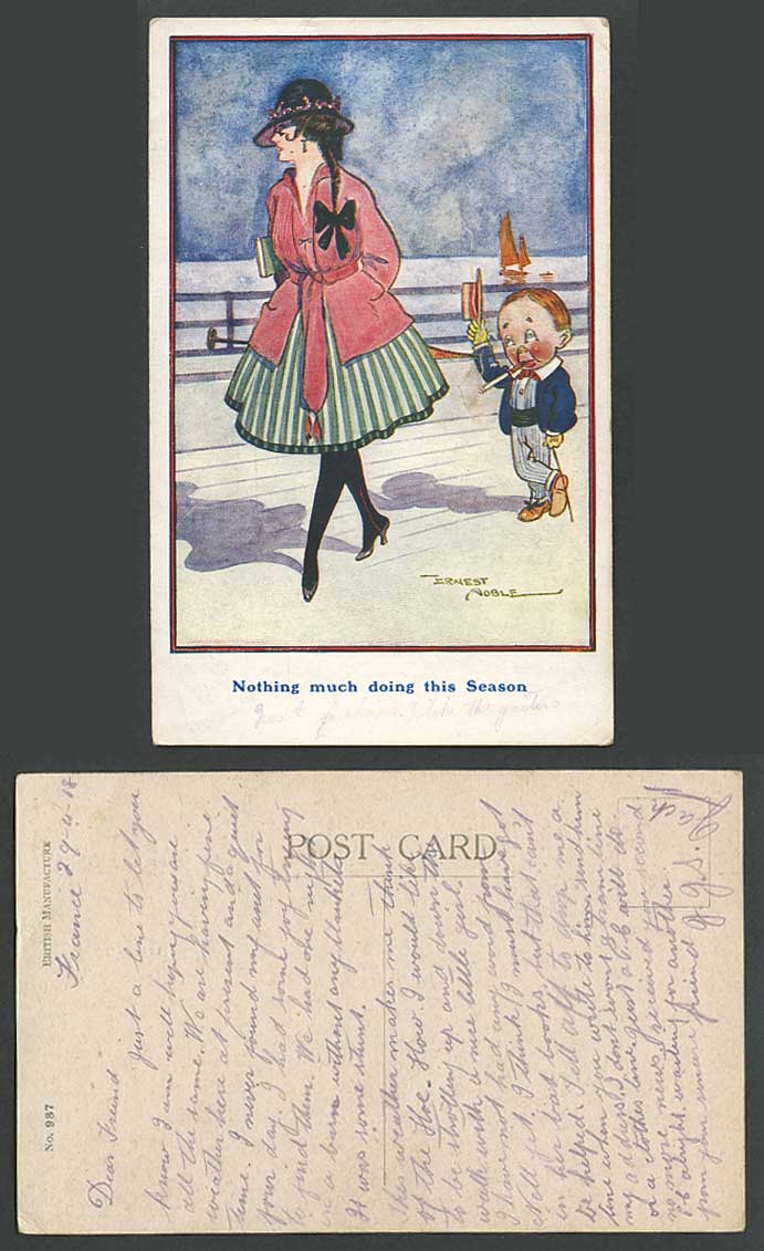 Ernest Noble Comic 1918 Old Postcard Nothing Much doing this Season Glamour Lady
