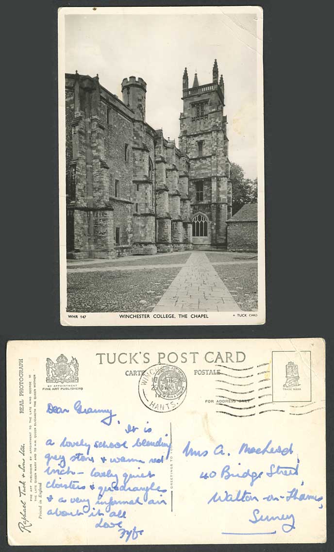 Winchester College The Chapel Hampshire Tuck's Real Photograph 1957 Old Postcard