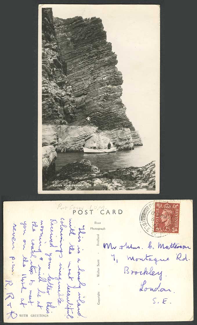 Isle of Man 1952 Old Postcard Cliffs near Chasms Men, Stand on Rock & Boat Canoe