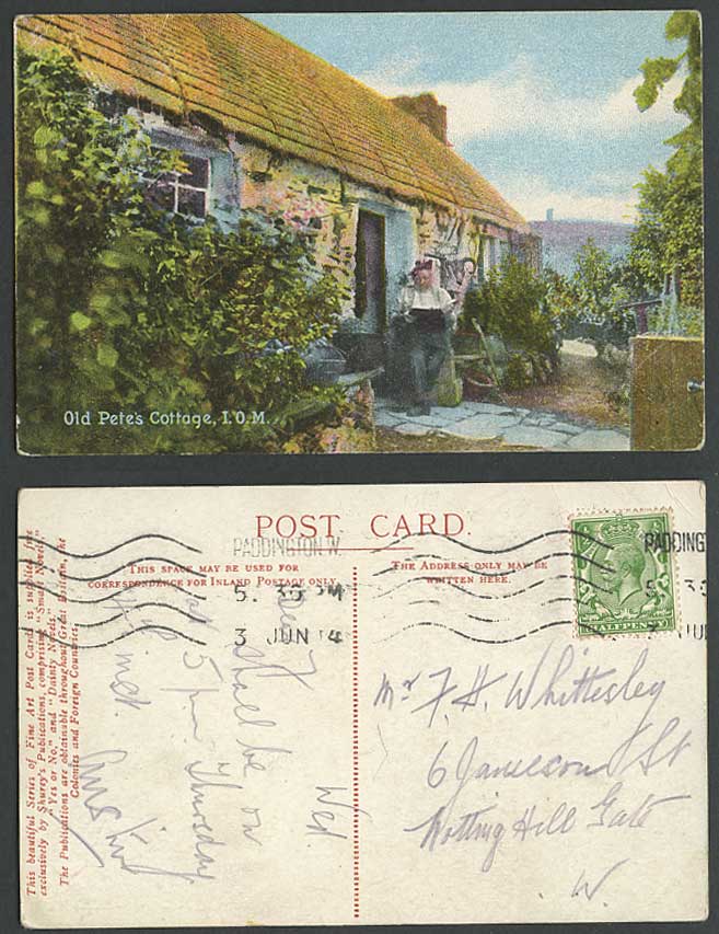 Isle of Man The Old Pete's Cottage 1914 Vintage Colour Postcard Man Reads a Book