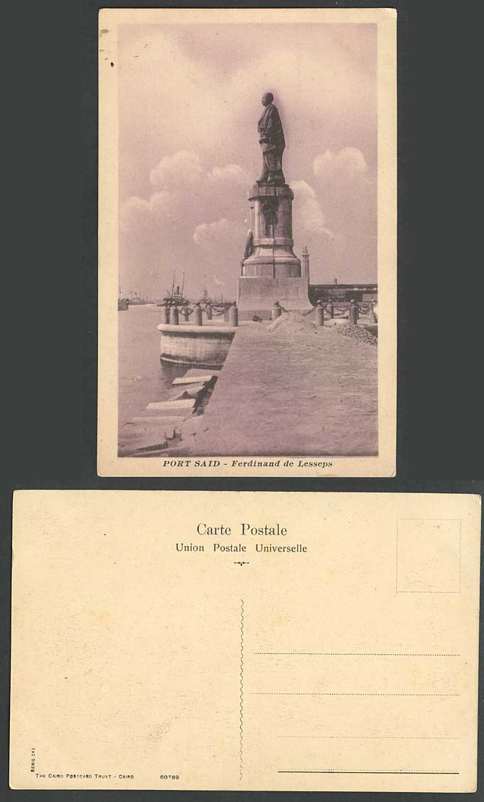 Egypt Old Postcard Port Said Ferdinand de Lesseps Statue Lighthouse Ships Harbor