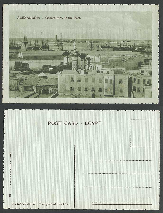 Egypt Old Postcard Alexandria General View to The Port Harbour Lighthouse Mosque