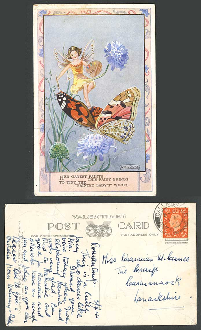 RENE CLOKE Artist Signed 1941 Old Postcard Fairy Butterfly, Painted Lady's Wings