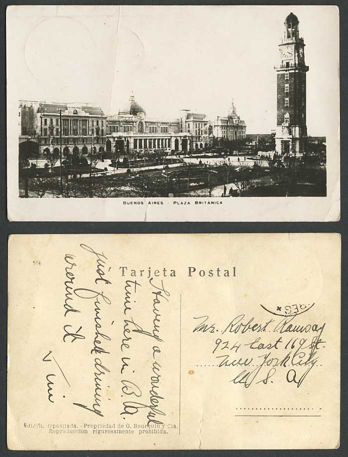 Argentina Old Real Photo Postcard Buenos Aires Plaza Britanica Clock Tower Gdns.