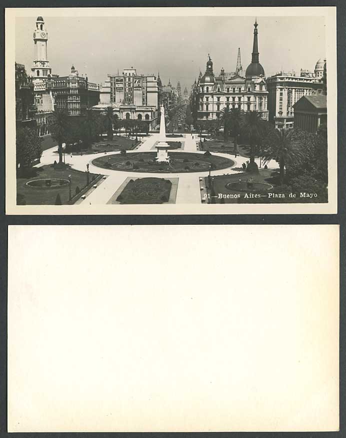 Argentina Old RP Postcard Buenos Aires PLAZA de MAYO Monument Clock Tower Garden