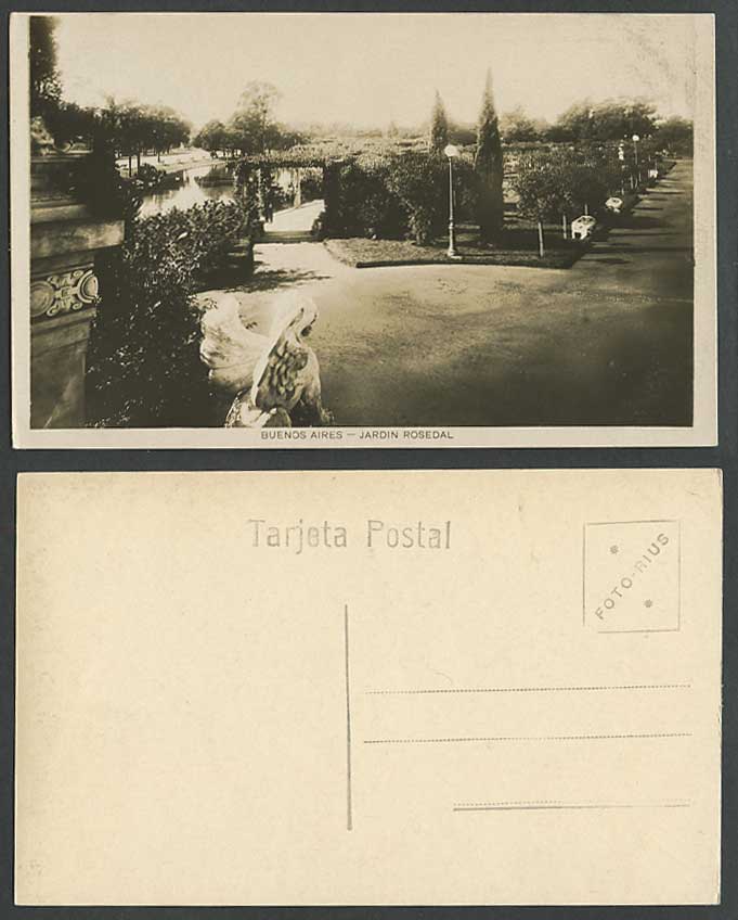 Argentina Old Real Photo Postcard Buenos Aires Jardin Rosedal Garden Lake Statue