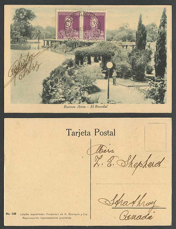 Argentina 1/2c x 2. 1933 Old Postcard Buenos Aires El Rosedal Jardin Garden Lake