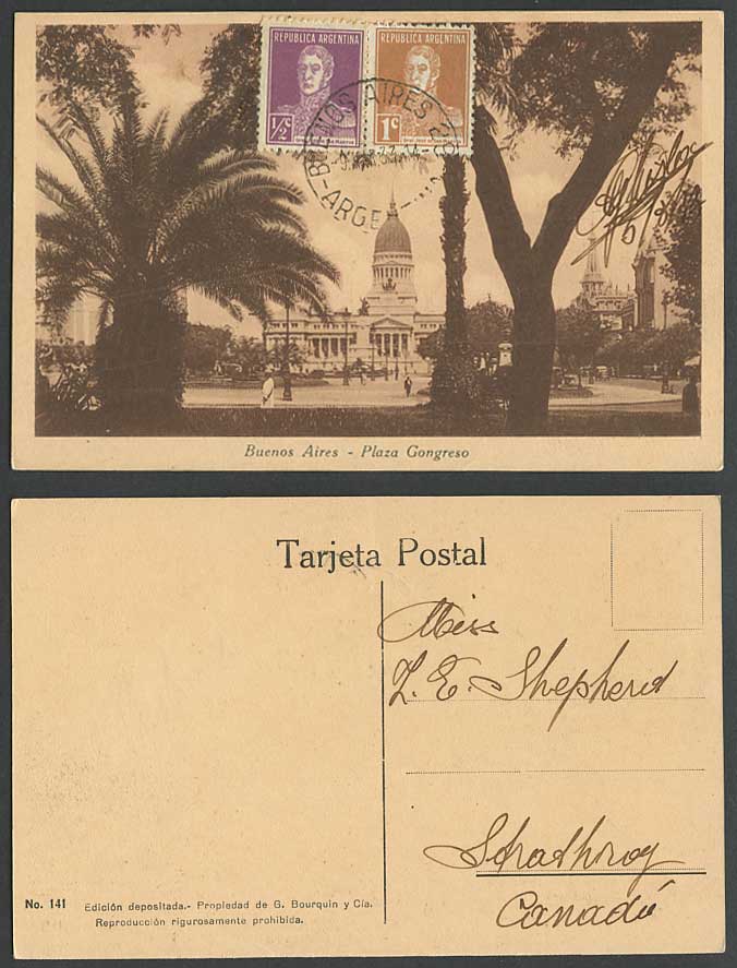 Argentina 1/2c 1c 1933 Old Postcard Buenos Aires Plaza Congreso, Congress Square