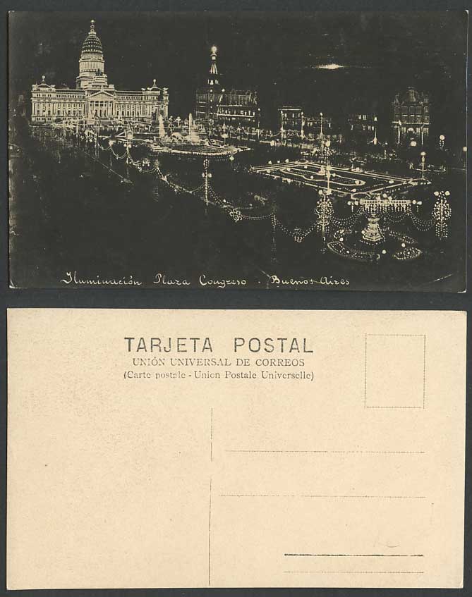Argentina Old RP Postcard Buenos Aires Plaza del Congreso by Night Illuminations