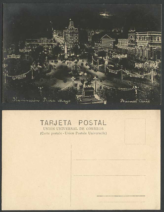 Argentina Old R Photo Postcard Buenos Aires Plaza de Mayo by Night Illuminations