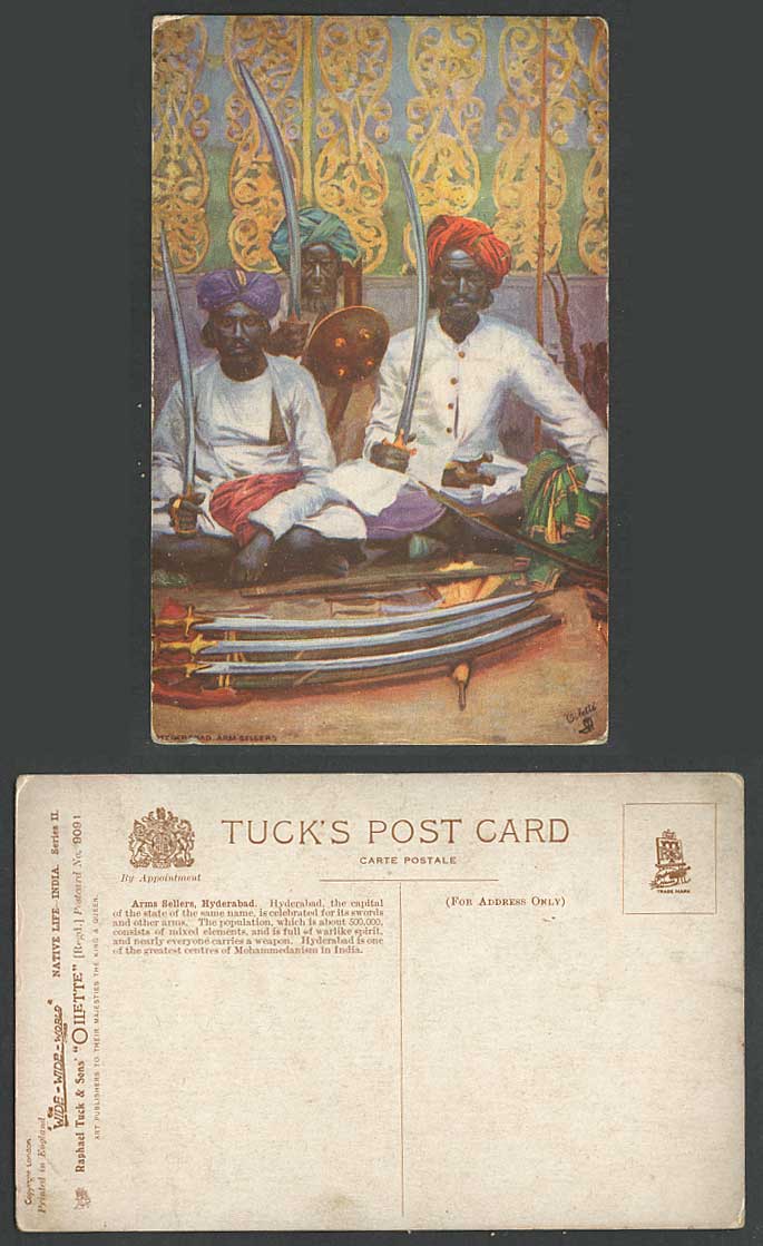 India Old Tuck's Oilette Postcard Hyderabad Arm Sellers Merchants Vendors Swords