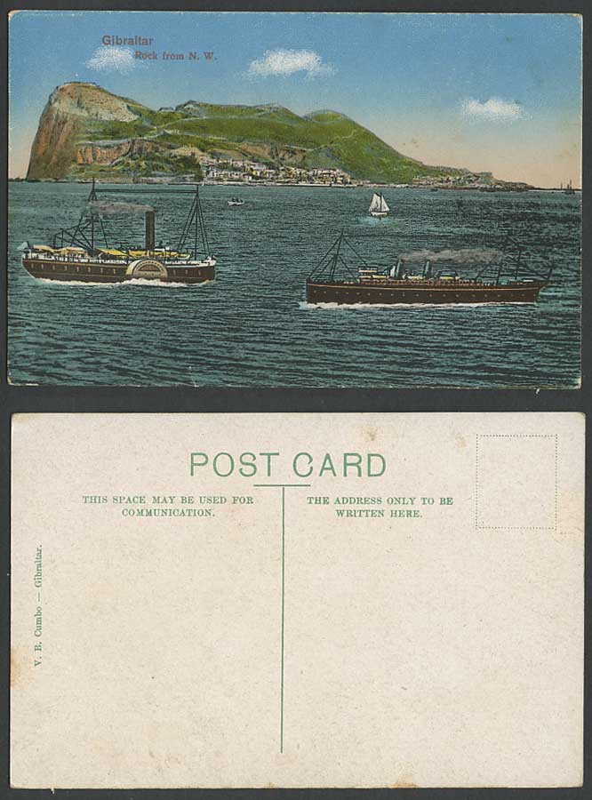 Gibraltar Old Postcard Rock from N.W. North West Paddle Steamer Steam Ship Boats