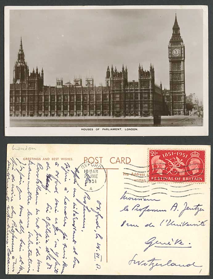 London Festival of Britain 2 1/2d 1951 Old Postcard HOUSES OF PARLIAMENT Big Ben