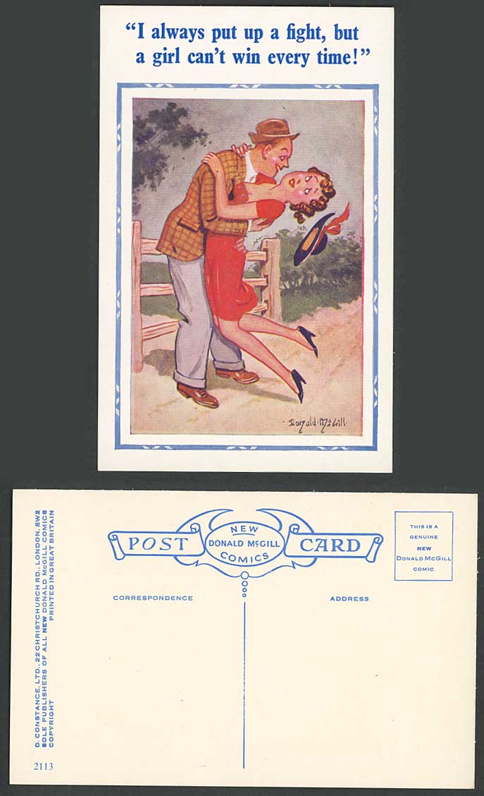 Donald McGill Old Postcard Always Put Up a Fight, Girl Can't Win Every Time 2113