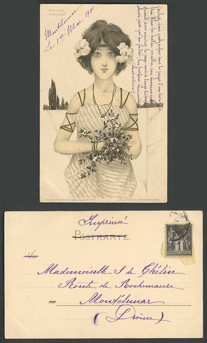 Raphael Kirchner Artist Signed 1901 Old Postcard Glamour Lady Woman Girl Flowers