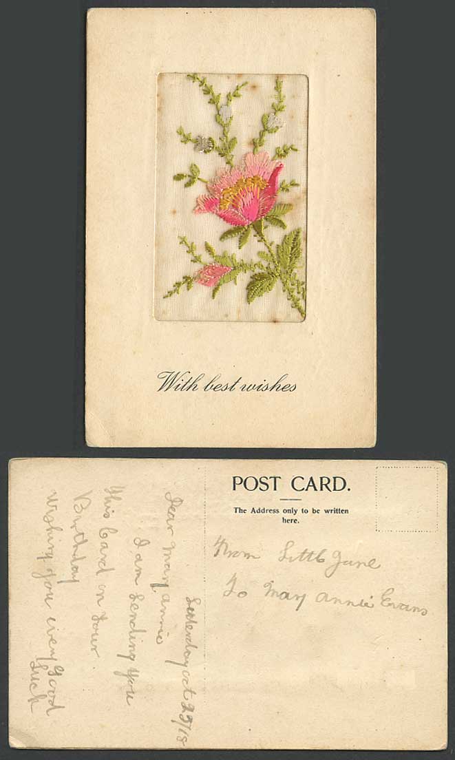 WW1 SILK Embroidered Old Postcard Flowers, With Best Wishes, Novelty, Greetings