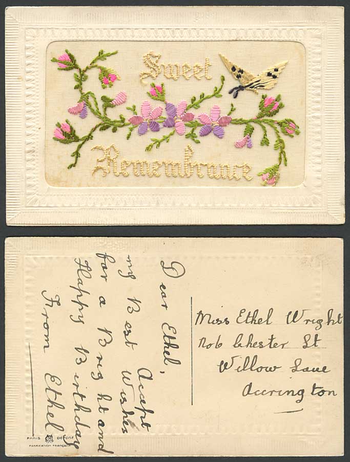 WW1 SILK Embroidered Old Postcard Butterfly, Sweet Remembrance, Flowers, Novelty