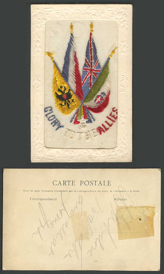 WW1 SILK Embroidered Old Postcard Flags, Glory To The Allies, Novelty, Greetings