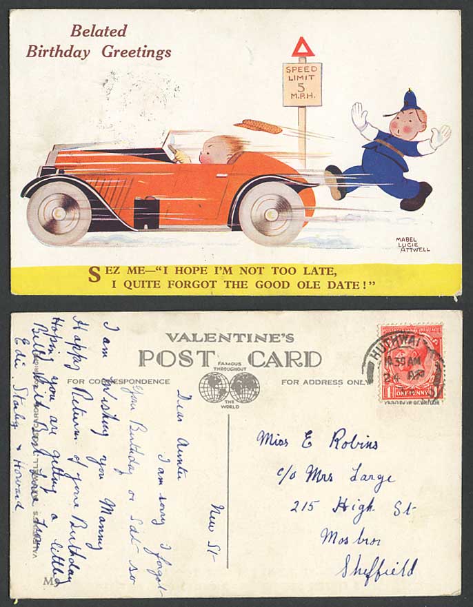 MABEL LUCIE ATTWELL 1933 Old Postcard Belated Birthday Greetings, Police Car M3