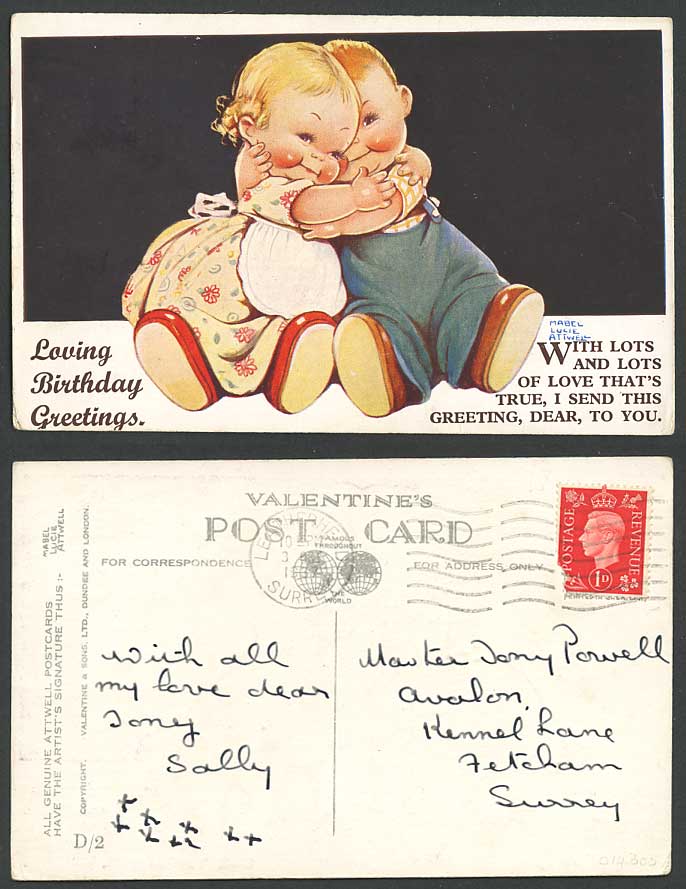 MABEL LUCIE ATTWELL 1937 Old Postcard Loving Birthday, Lots Love That's True D/2