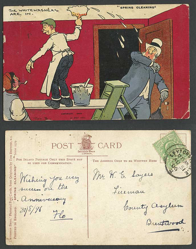 TOM B. BROWNE 1906 Old Postcard The Whitewashers Are in, Spring Cleaning Painter