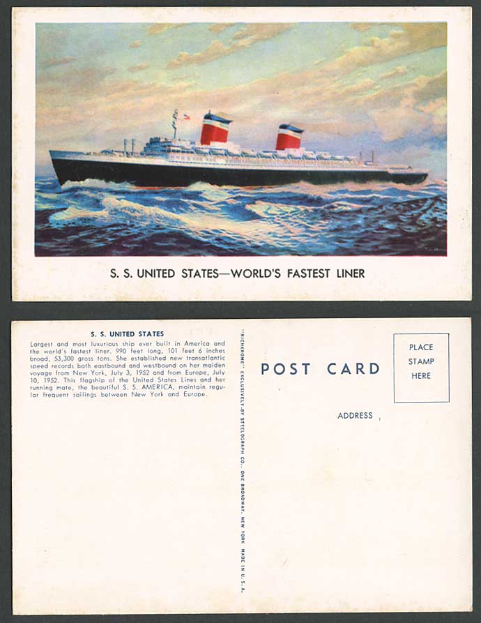 S.S. United States Lines Steamer Steam Ship Luxurious Flagship Line Old Postcard