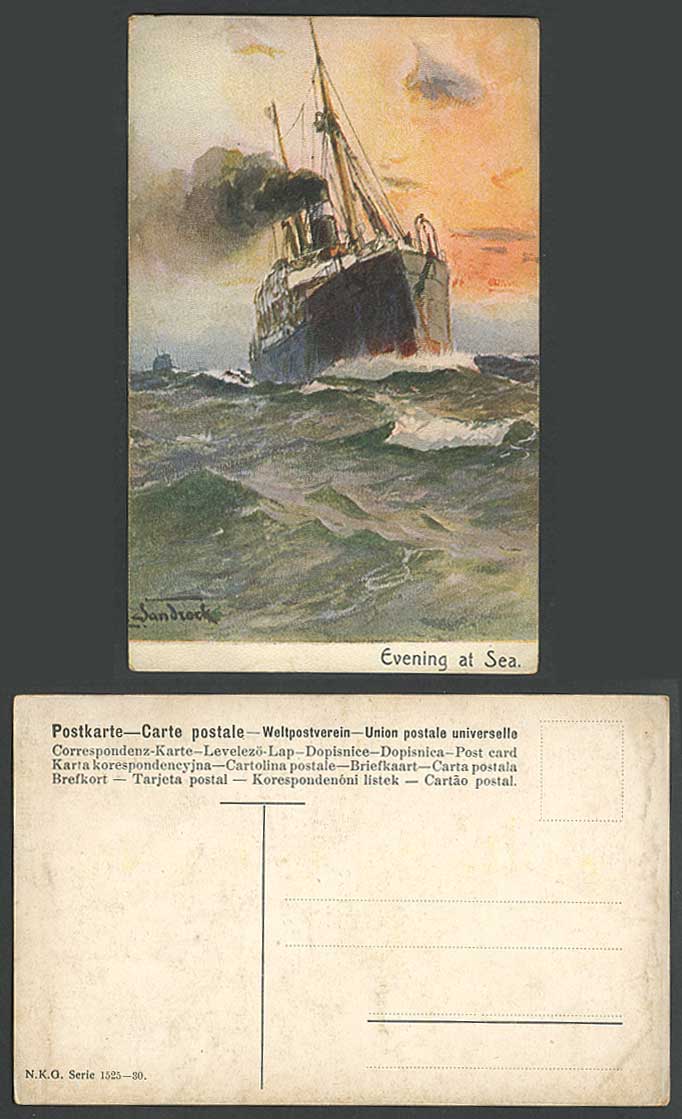 Sandrock Artist Signed Sailing Boat Ship, Evening at Sea Sunset Old ART Postcard