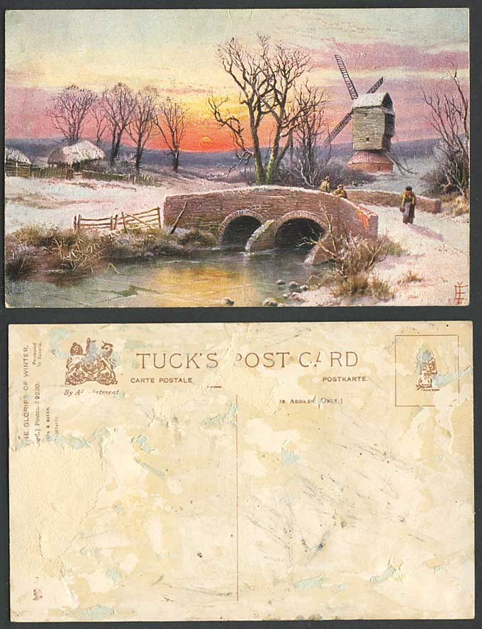 Artist Signed Windmill Bridge Winter Snowy Scene River Susnet Old Tucks Postcard
