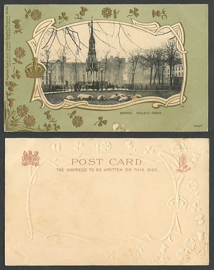 Bristol College Green, SHEEP, Tuck's United Kingdom Series Old Embossed Postcard