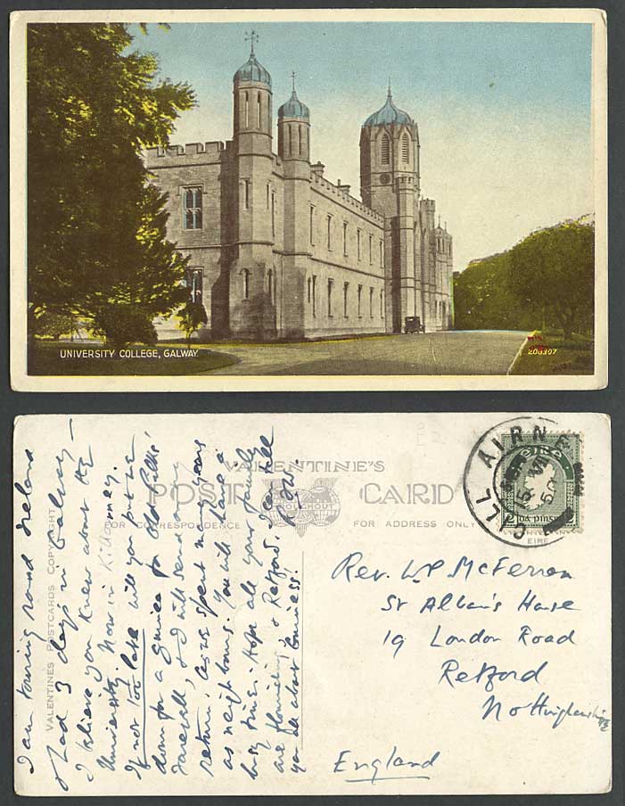 Ireland Co. Galway, University College School, 2d Map on 1950 Old Irish Postcard