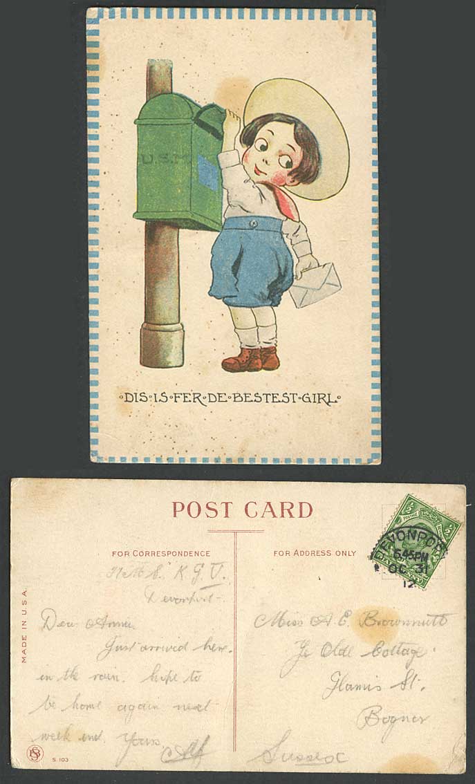 Sending Letter, USA Postbox, Dis Is Fer De Bestest Girl, Comic 1912 Old Postcard