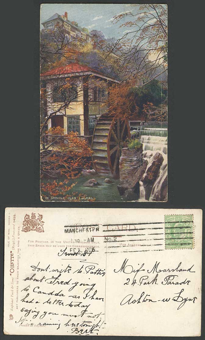 Isle of Man 1905 Old Postcard Groudle Glen Water Wheel Mill Tuck's Oilette 1455