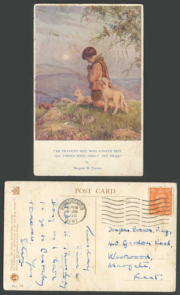 Margaret W Tarrant 1950 Old Postcard Boy Shepherd Prayer Sheep Lamb Rabbit Bunny