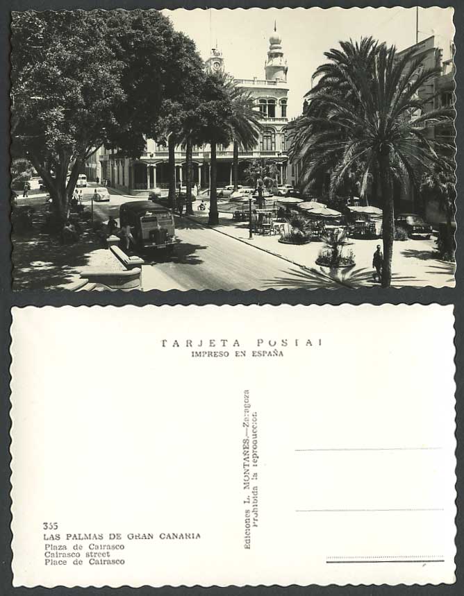 Spain Old Postcard Las Palmas de Gran Canaria Plaza de Cairasco Street Scene Bus